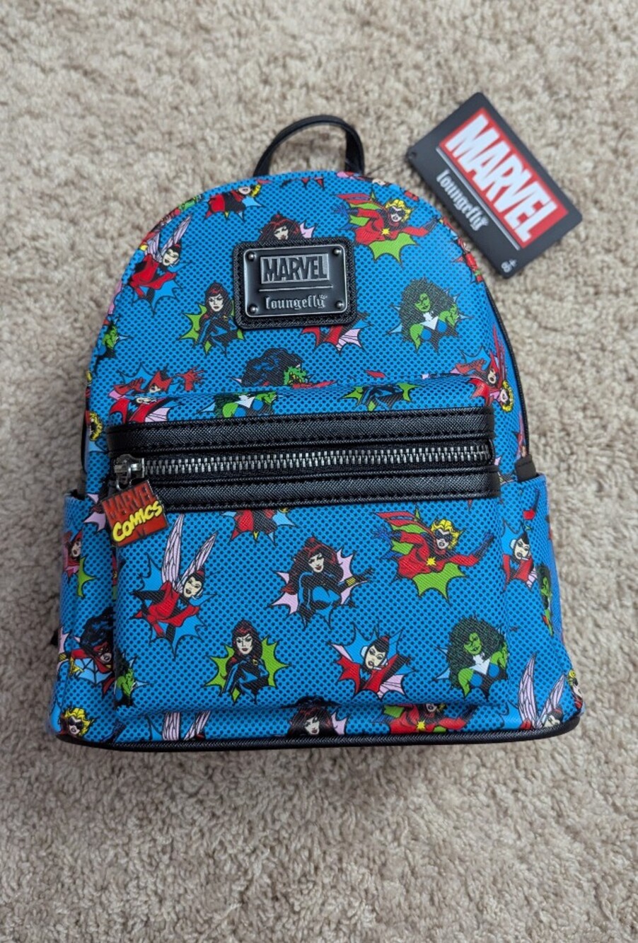 NWT! Loungefly Marvel Comics Women Superheroes Mini Backpack, Blue Pop-Art Print